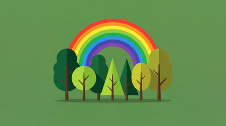 Landscape of flat illustration with trees and rainbow. Environment and ecology conceptの素材
