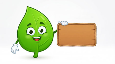 Funny leaf cartoon holding a signboard with free space for textの素材