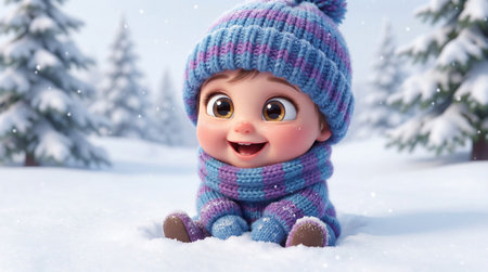 Cute child illustration in a snowy landscape with a scarf and wool hatの素材