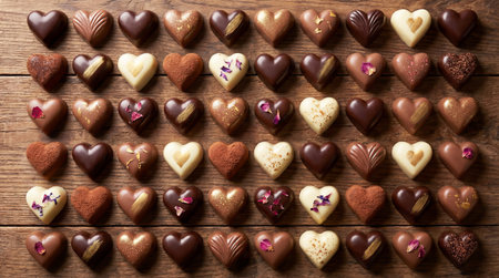 Top view of a beautiful display of heart-shaped chocolate candies and trufflesの素材