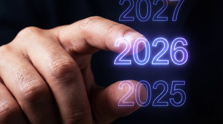 Hand pointing to 2026 with holographic effect. Time to celebrate the new yearの素材