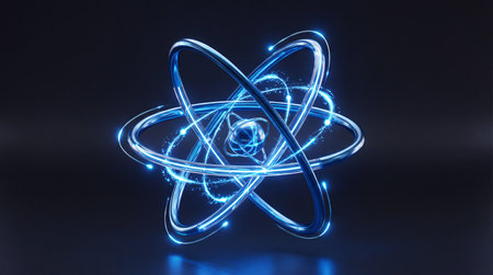 Abstract bright blue atom with energy particles on a dark backgroundの素材