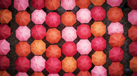 Background with red, orange and pink umbrellasの素材