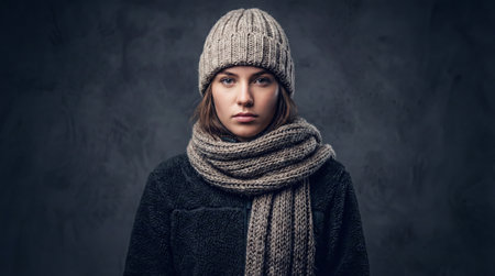 Girl dressed warmly in a woolen hat and scarf. Winter timeの素材