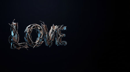 The word LOVE formed from pieces of metal symbolizing Valentine's Dayの素材