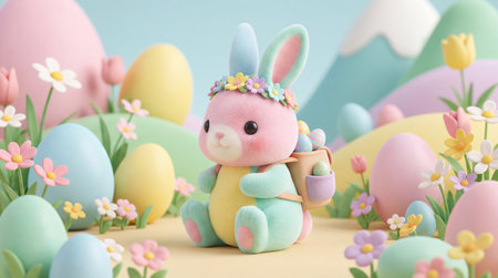 A toy bunny with colorful eggs in the field. Easter timeの素材