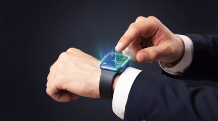 Businessman observing and pointing at a holographic virtual clockの素材