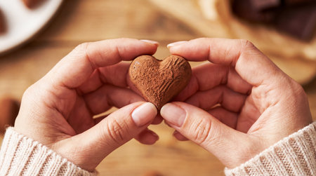 Top view of women's hands holding a heart-shaped chocolate candyの素材