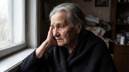 Elderly lady expressing sadness and loneliness. International Day of Older Personsの素材