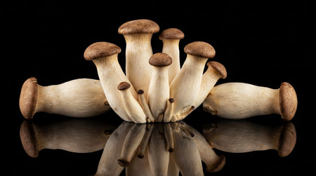 Eringi mushrooms on a black reflective surface backgroundの素材