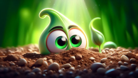 3D funny seed cartoon germinating in the soil. Biology conceptsの素材