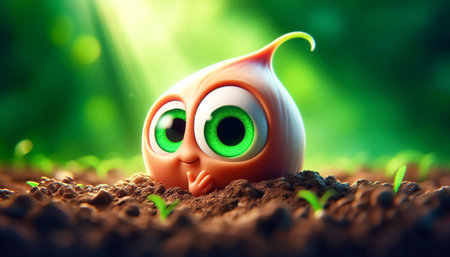 3D funny seed cartoon germinating in the soil. Biology conceptsの素材