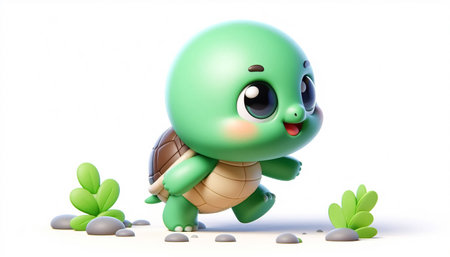 3d rendering of a cute little turtle running in the green grassの素材
