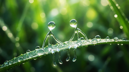 Anthropomorphic figures made of water on a leaf. Fantasy conceptの素材