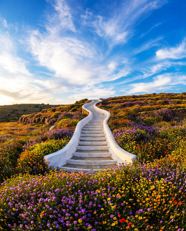 A staircase leading to infinity, surrounded by colorful flowers on both sides. In the background, the intense blue skyの素材
