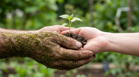 Human hand and nature. Concept of ecology, sustainability and the essence of lifeの素材