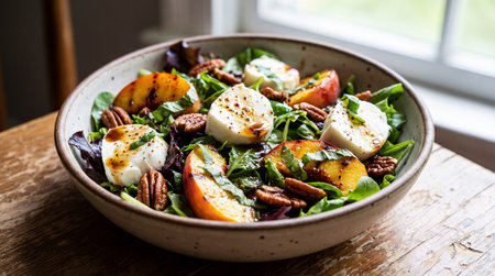 Salad with various vegetables and mozzarella in a bowl. Healthy eating. World Vegan Dayの素材