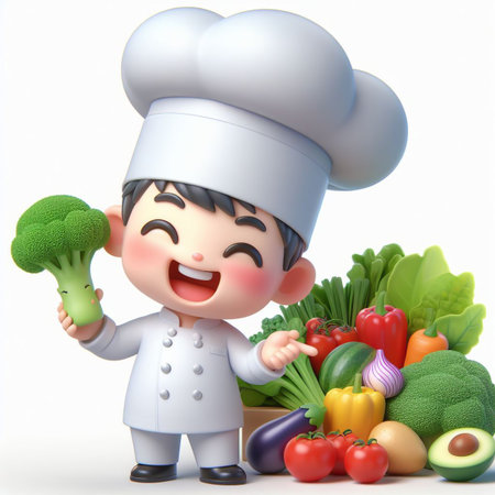3d Render of Little Boy Chef with food in white backgroundの素材