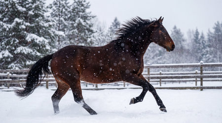 Horse galloping in a snowy landscapeの素材