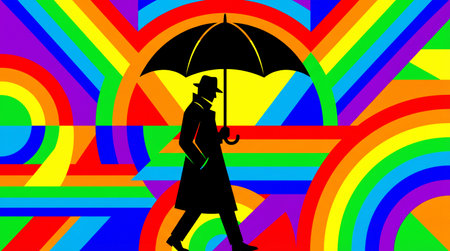 Illustration of a silhouette of man with an umbrella in the rainの素材