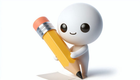3d white character figure with pencil on a white backgroundの素材