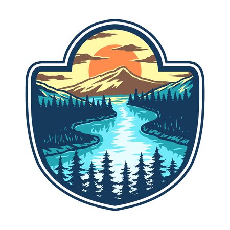 Lake, Mountain and Sunsetのイラスト素材