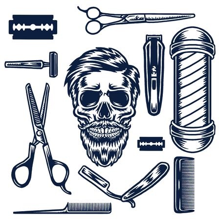 Hand drawing style with a skull cut hair and barbershop elementsのイラスト素材