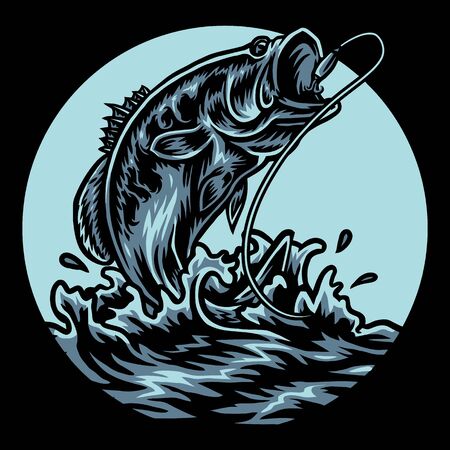 Bass fishing illustration using a hand drawing style continued with digital coloring, this is a combination of hand drawing style and digital colorのイラスト素材