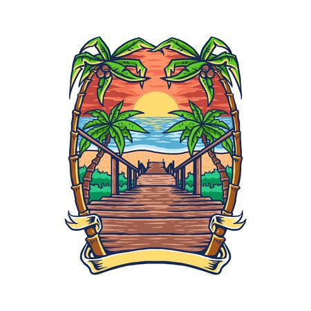 Beach stairs, hand drawn line with digital color, vector illustrationのイラスト素材