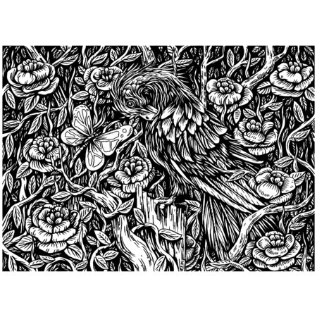 Detailed vector drawing of birds and butterflies over the bushのイラスト素材