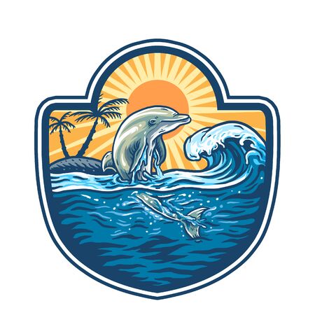 Vector illustration of dolphin jumps over the seaのイラスト素材