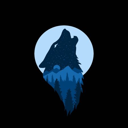 Hand drawing style with a forest and wolf object use colorsのイラスト素材