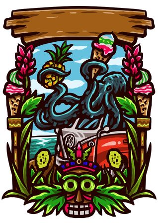 Hippie Style Ice Cream design illustrations using a hand drawing style continued with digital coloring, this is a combination of hand drawing style and digital colorのイラスト素材