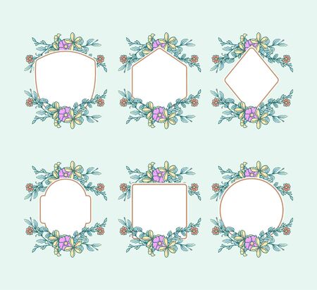 Set of frames with flowers, hand drawn line with digital color, vector illustrationのイラスト素材