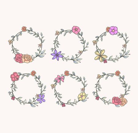 Set of beautiful round frame with flowers, hand drawn line with digital color, vector illustrationのイラスト素材