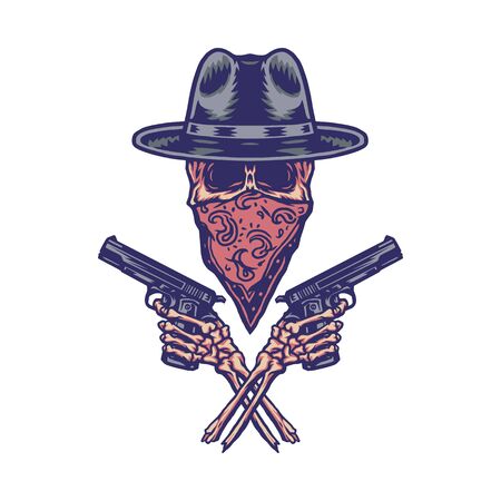 Bandit holding gun, hand drawn line with digital color, vector illustrationのイラスト素材