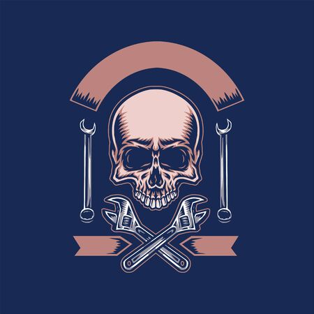 Skull with wrench, isolated on dark backgroundのイラスト素材