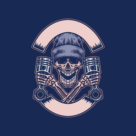 Garage skull holding piston, hand drawn line with digital color, vector illustrationのイラスト素材