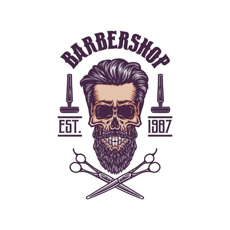 Vintage bearded barber skull, hand drawn line with digital color, vector illustrationのイラスト素材