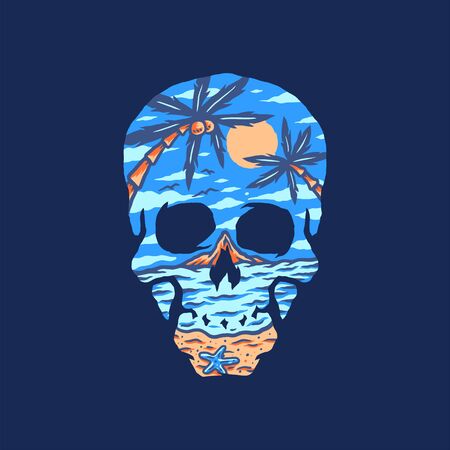 Vector Illustration of Skull, Summer and beach, isolated on dark backgroundのイラスト素材