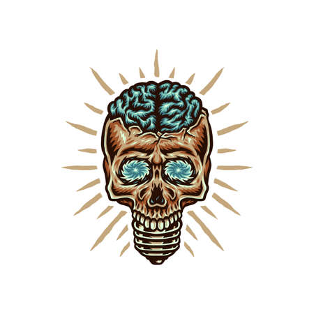 Skull shaped lamp with brain, hand drawn line style with digital color, vector illustrationのイラスト素材