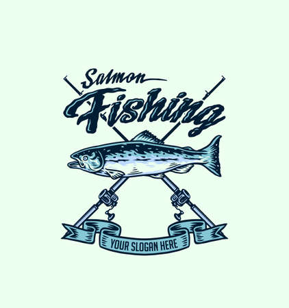 Salmon fishing t shirt graphic design, hand drawn line style with digital color, vector illustrationのイラスト素材