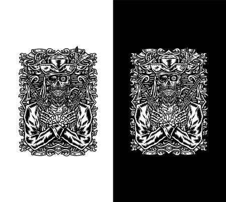 Pirate skull holding a gun, isolated on white background, isolated on black backgroundのイラスト素材