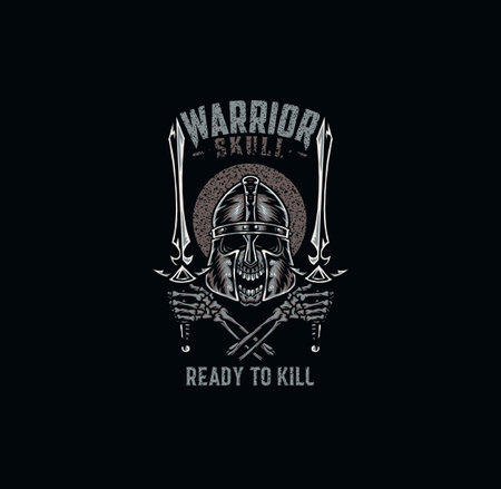 Warrior skull, t shirt graphic design, hand drawn line style with digital color, vector illustrationのイラスト素材