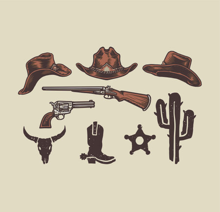Wild west cowboy objects, hand drawn line style with digital color, vector illustrationのイラスト素材