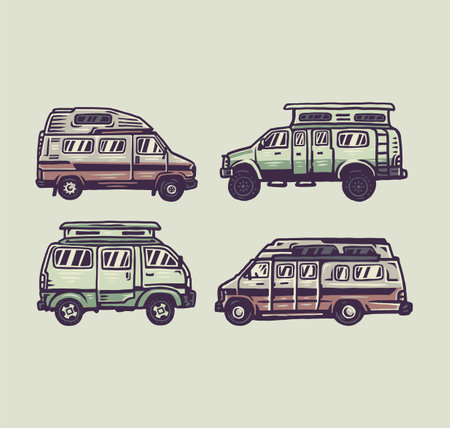 Set of campervan, hand drawn line style with digital color, vector illustrationのイラスト素材
