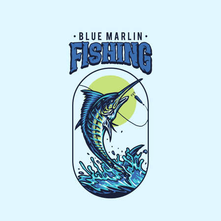 Blue marlin fishing, t shirt graphic design, hand drawn line style with digital color, vector illustrationのイラスト素材