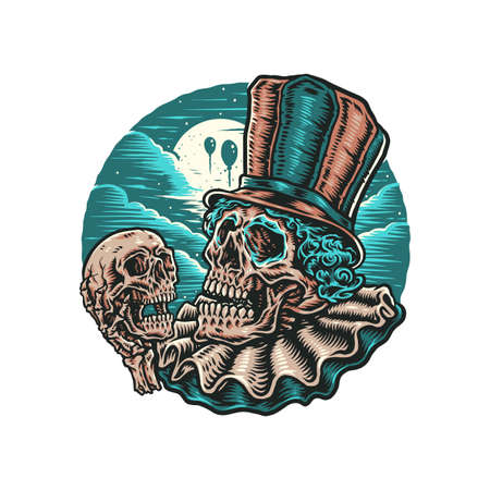 Vector illustration of clown skull, hand drawn line style with digital colorのイラスト素材