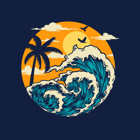 California t-shirt design with waves, palm trees and sun. Vector illustrationのイラスト素材