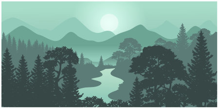 Silhouette of nature landscape. Mountains, forest in background. Blue and green illustrationのイラスト素材
